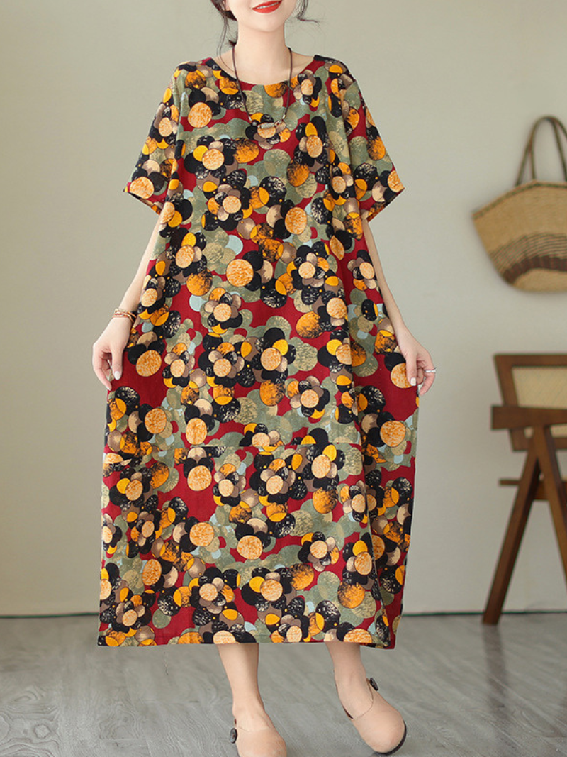 Yellow Round Neck Short Sleeve Floral Dot Print Loose Midi Dress 3