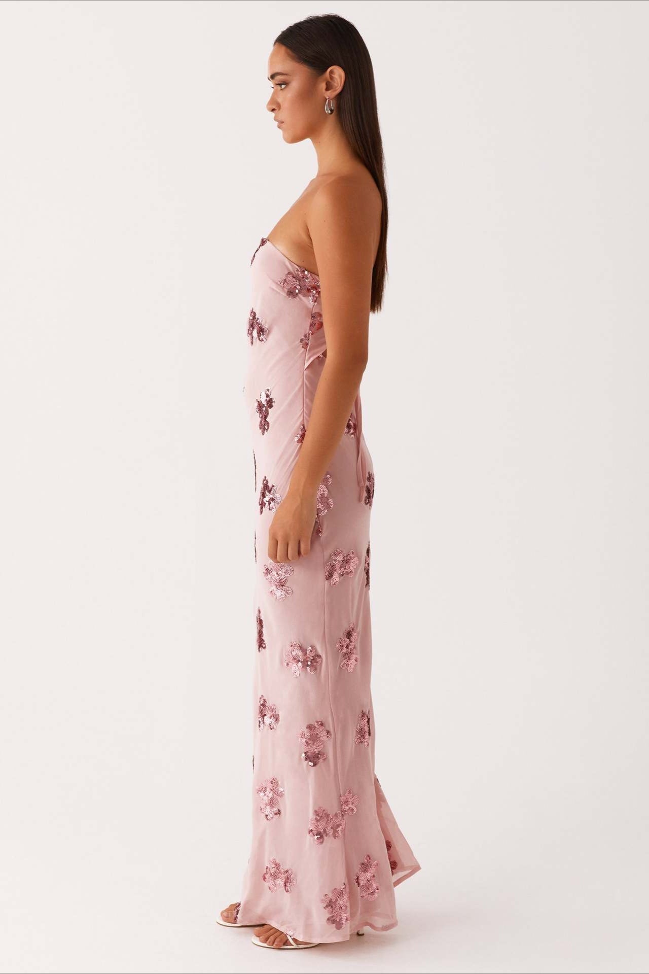 Pink Strapless Sequin Floral Embroidery Column Maxi Dress 3