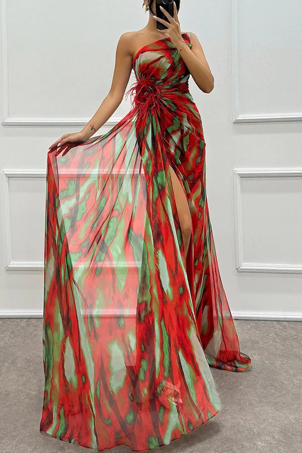 One-Shoulder Feather Trim Printed Ruched High Slit Maxi Gown