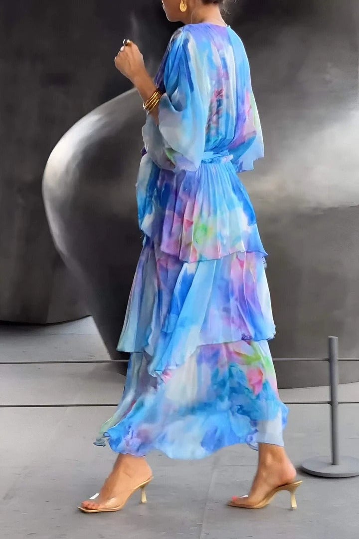 V-Neck Flutter Sleeve Watercolor Floral Tie Waist Tiered Maxi Dress