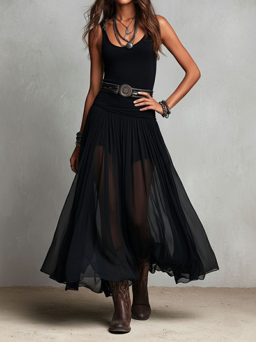 Scoop Neck Sleeveless Sheer Handkerchief Hem Maxi Dress 4