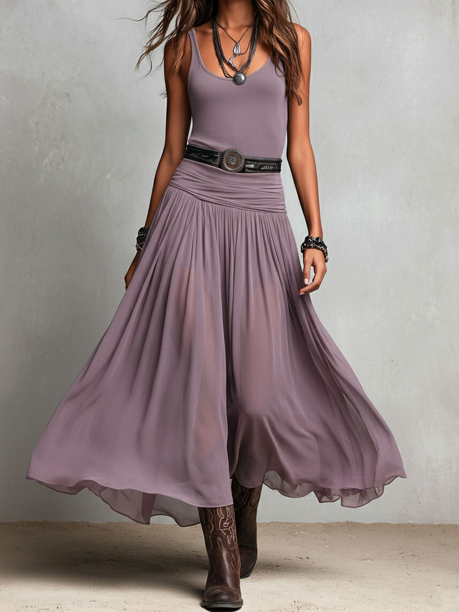 Scoop Neck Sleeveless Sheer Handkerchief Hem Maxi Dress 2