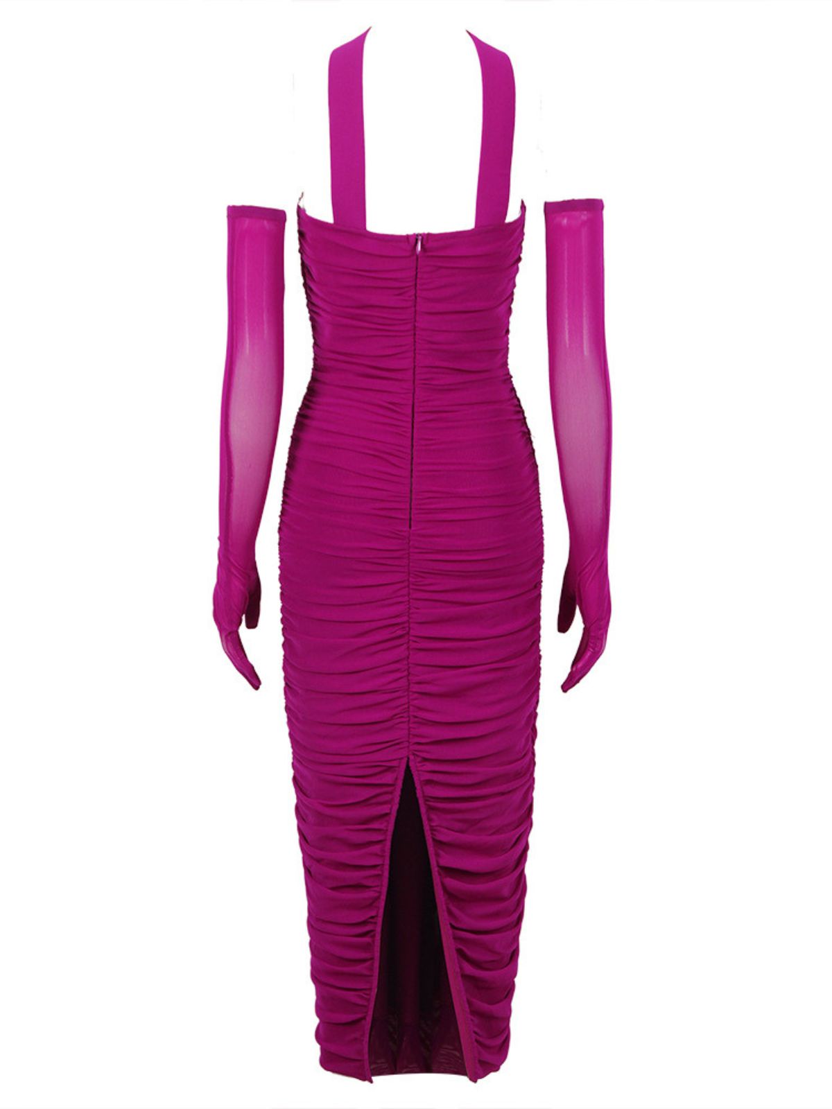Strapless Sweetheart Ruched Mesh Bodycon Midi Dress With Gloves