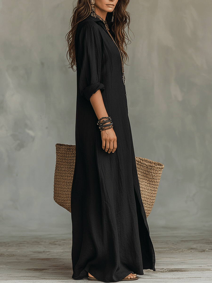 Button Front Collared Long Sleeve Side Slit Shirt Maxi Dress 13