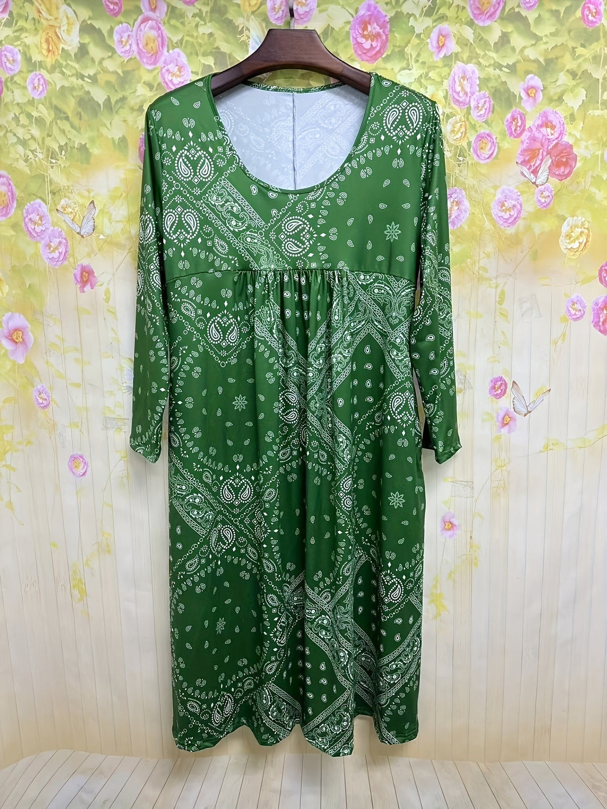 Square Neck Paisley Print Empire Waist Pocket Midi Dress 9