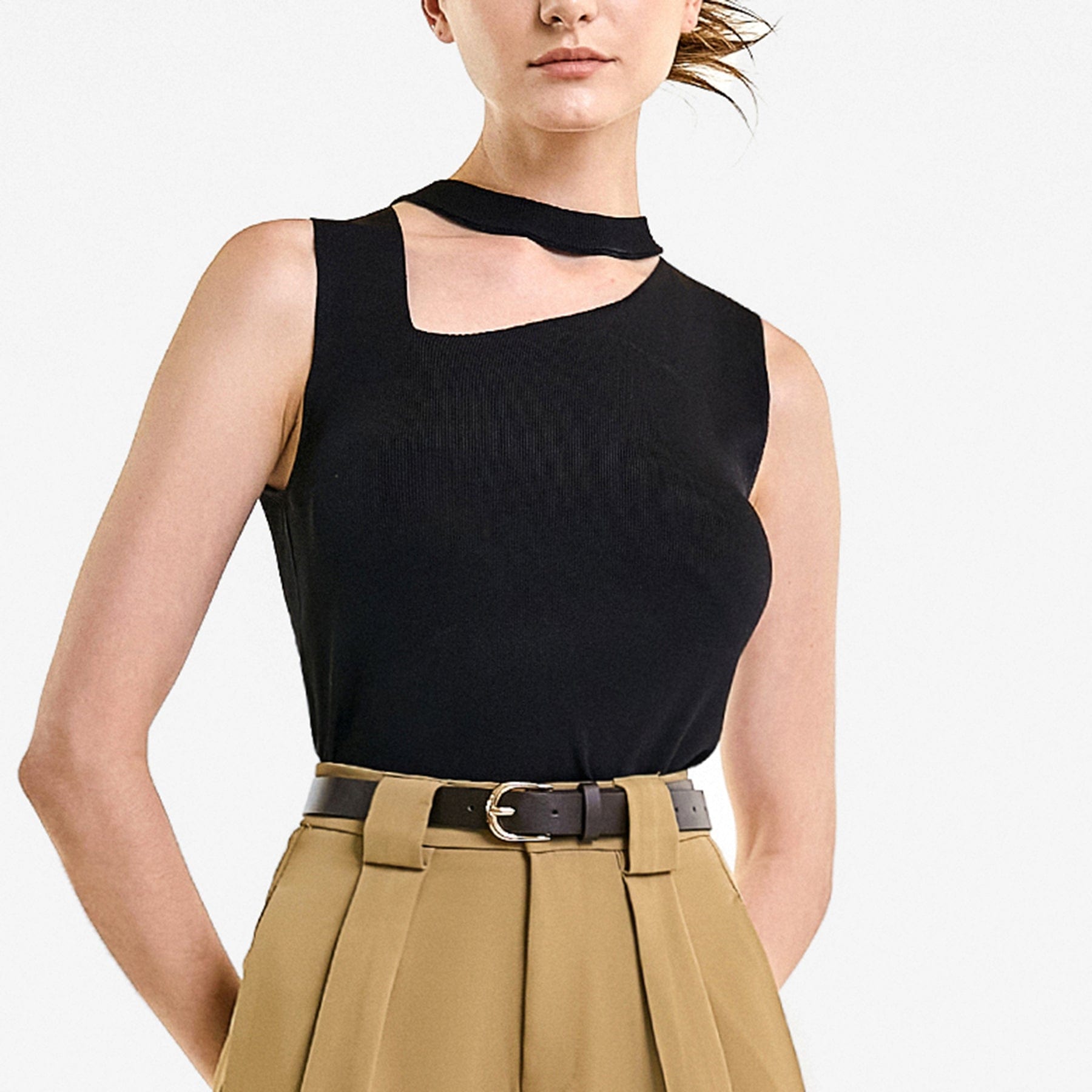 Black Rib-Knit Asymmetric Cut Out Tank Top