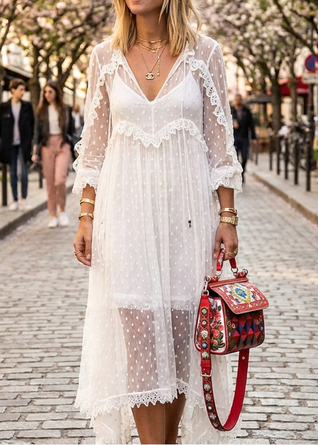 White Jacquard Polka Dot See-through Maxi Dress Long Sleeve