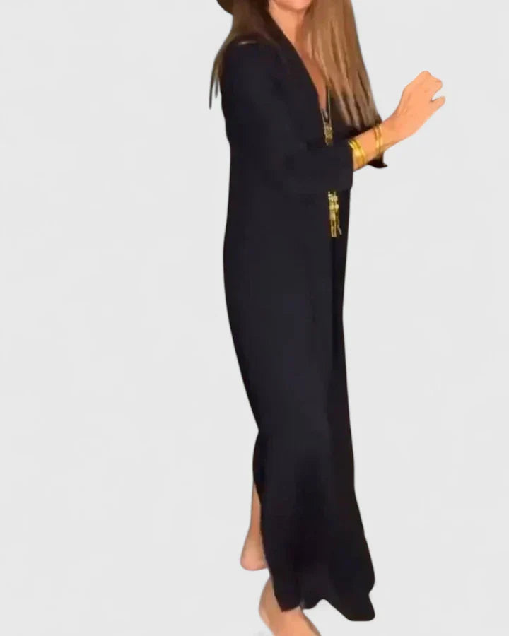 V-Neck Half Sleeve Side Slit Column Maxi Dress