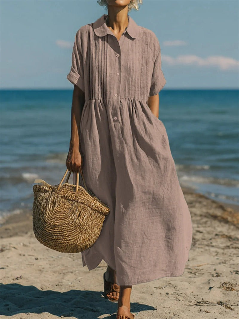 Collared Button Front Pintuck Rolled Sleeve Shirt Maxi Dress 8