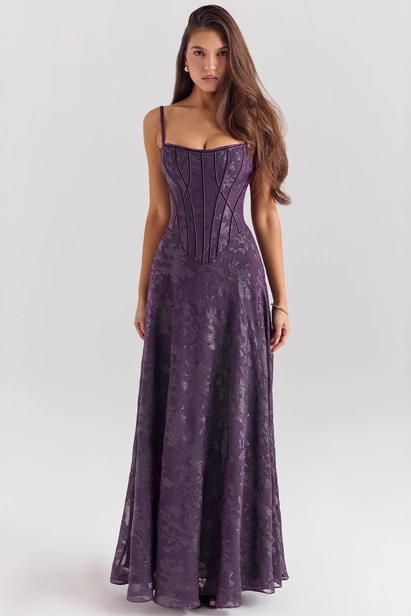 Spaghetti Strap Chiffon Floral Formal Dress S / Purple