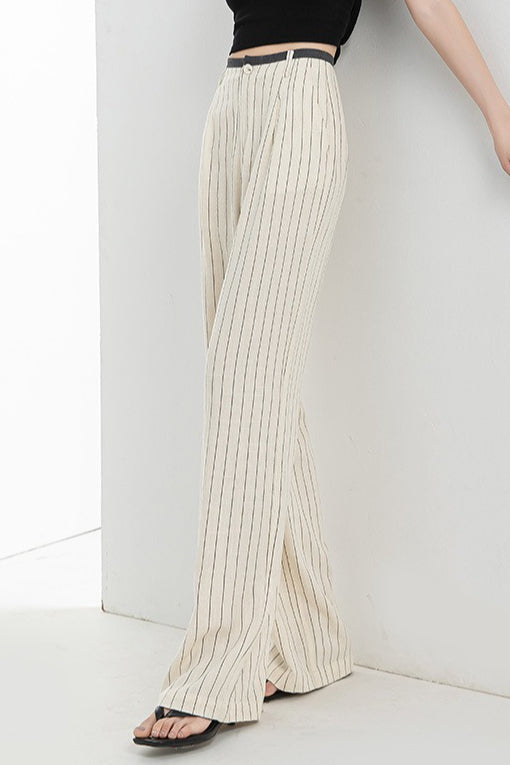 Linen High Waist Stripe Narrow Wide Leg Pants
