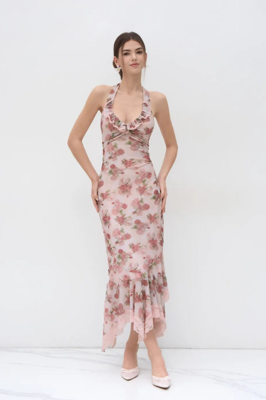 Luxury Halter Lace Trim Irregular Mermaid Long Floral Dress