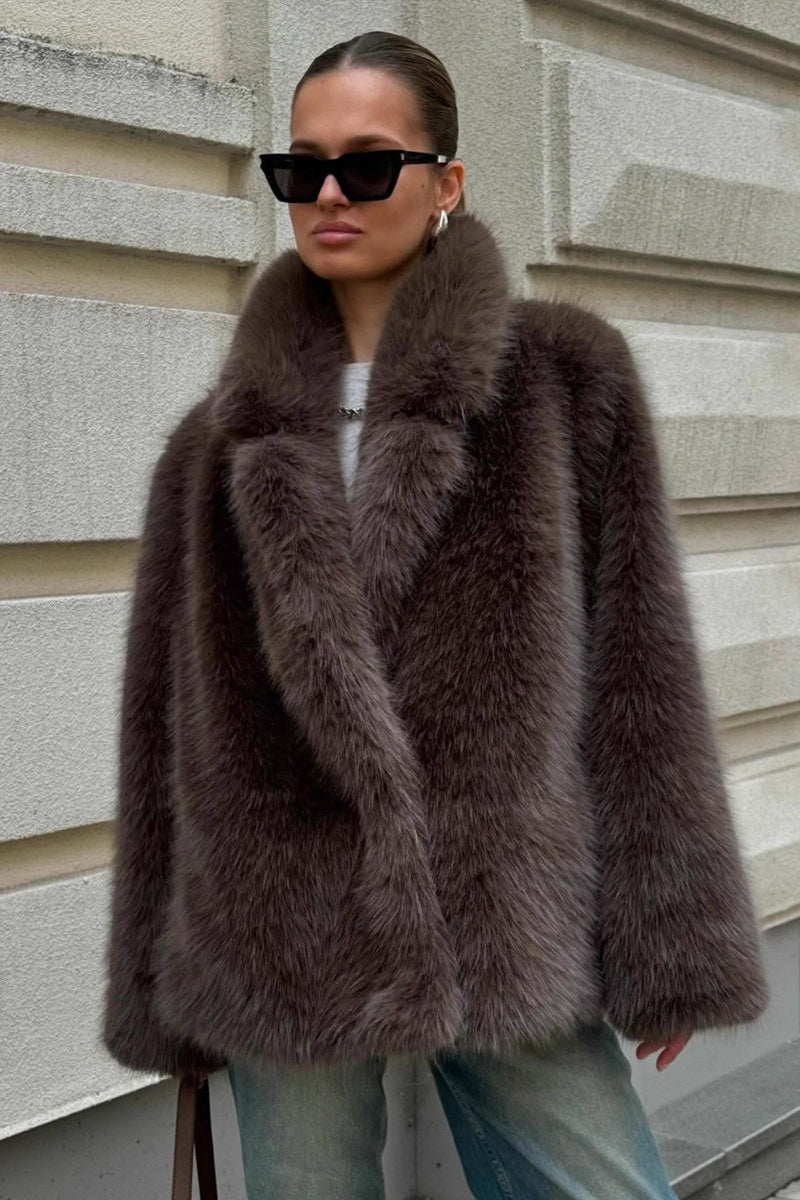 Brown Faux Fox Fur Wide Collar Mid-Length Fluffy Coat