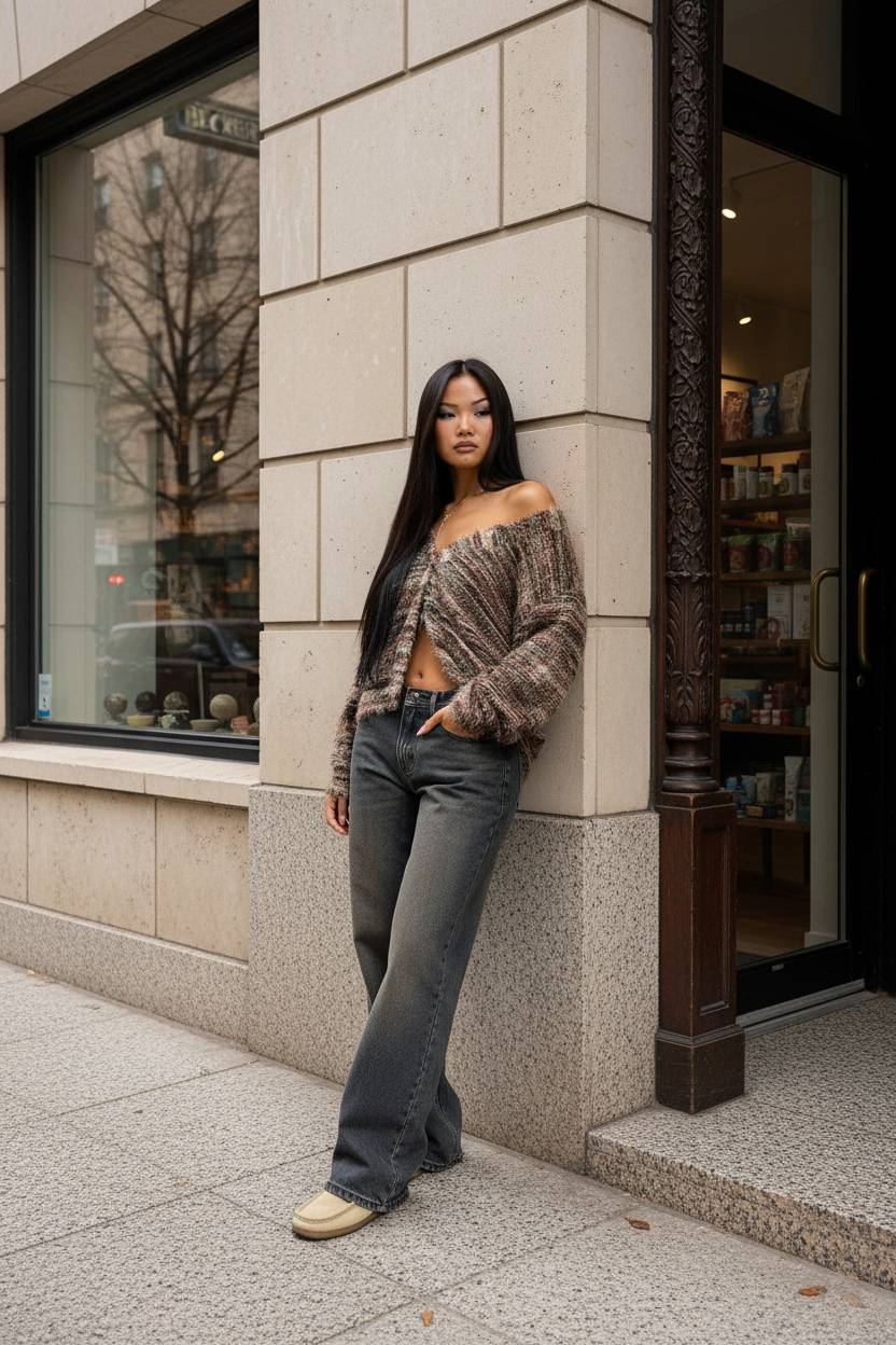 New Retro Fashion Deep VNeck Maillard Plush LongSleeve Knit Cardigan