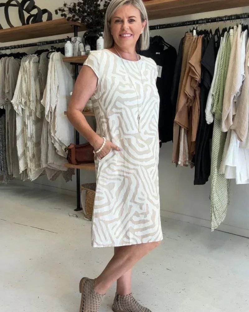 Round Neck Short Sleeve Abstract Swirl Print Pocket Shift Midi Dress 3