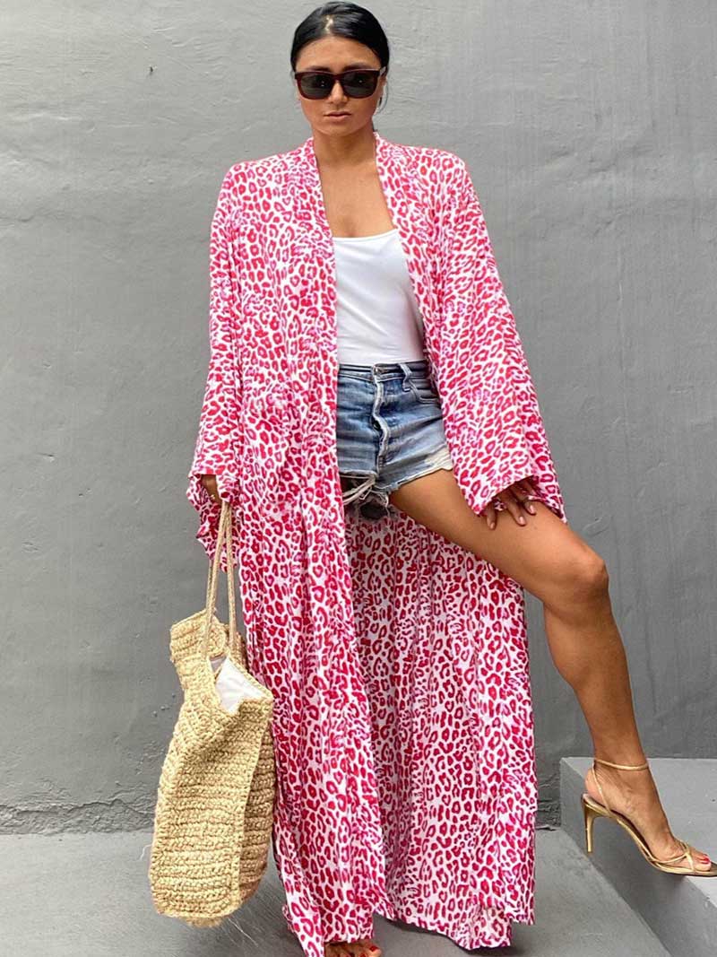 Open Front Abstract Print Belted Long Kimono Robe 29