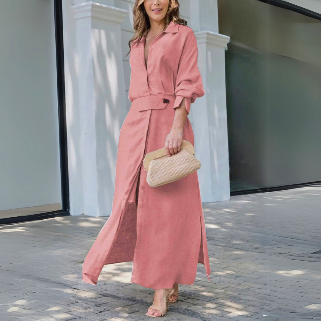 Collared Long Sleeve Belted Button-Front Linen Maxi Shirt Dress 2