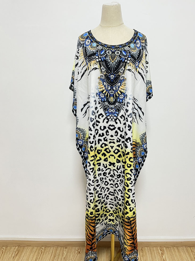 Round Neck Leopard Baroque Print Short Sleeve Loose Kaftan Maxi Dress 3