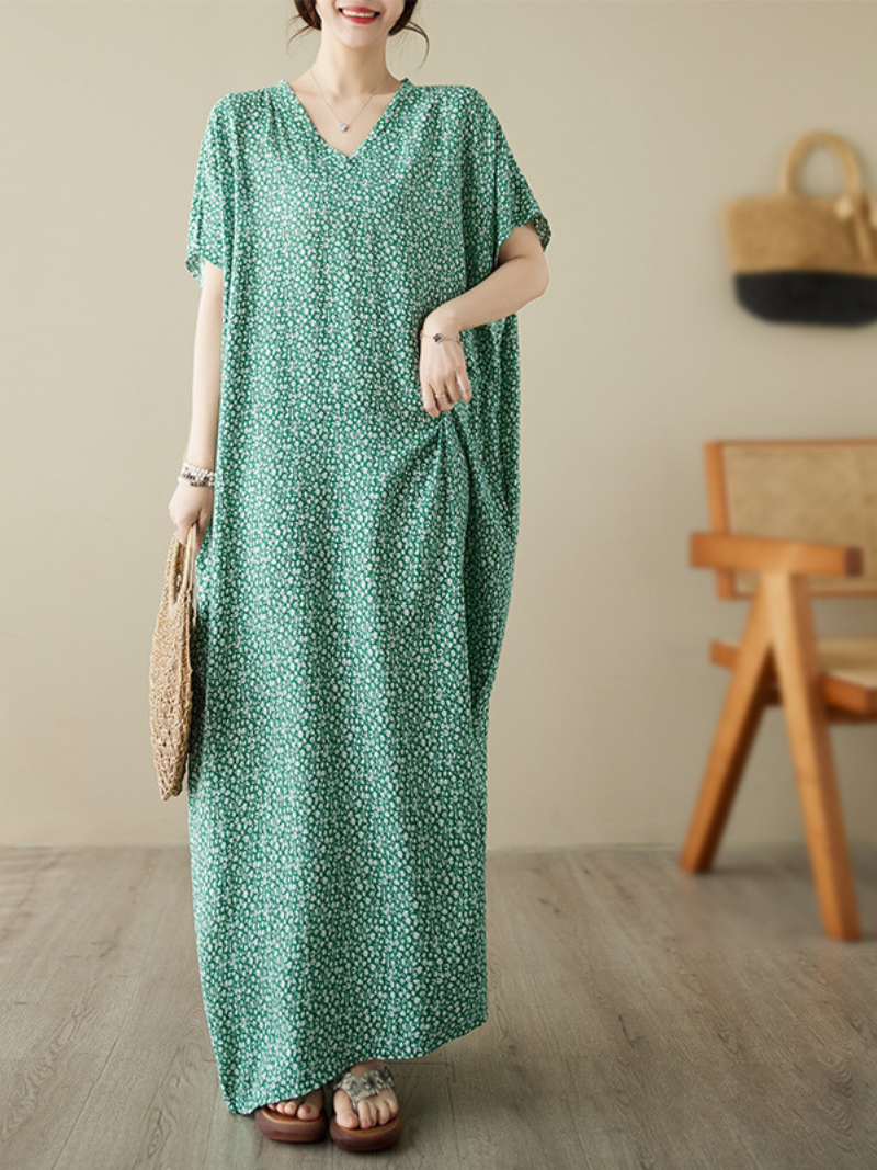 Green V-Neck Ditsy Floral Print Short Sleeve Loose Kaftan Maxi Dress