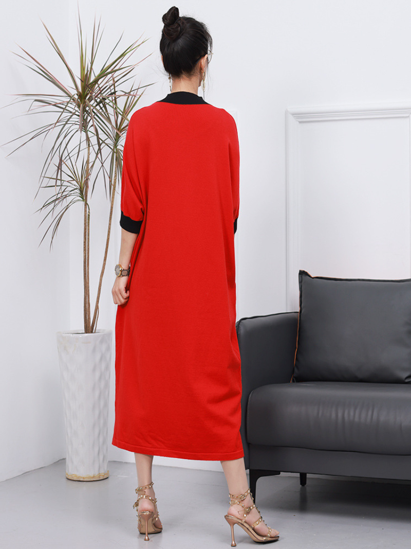 Red Contrast Mock Neck Half Sleeve Loose Knit Shift Maxi Dress