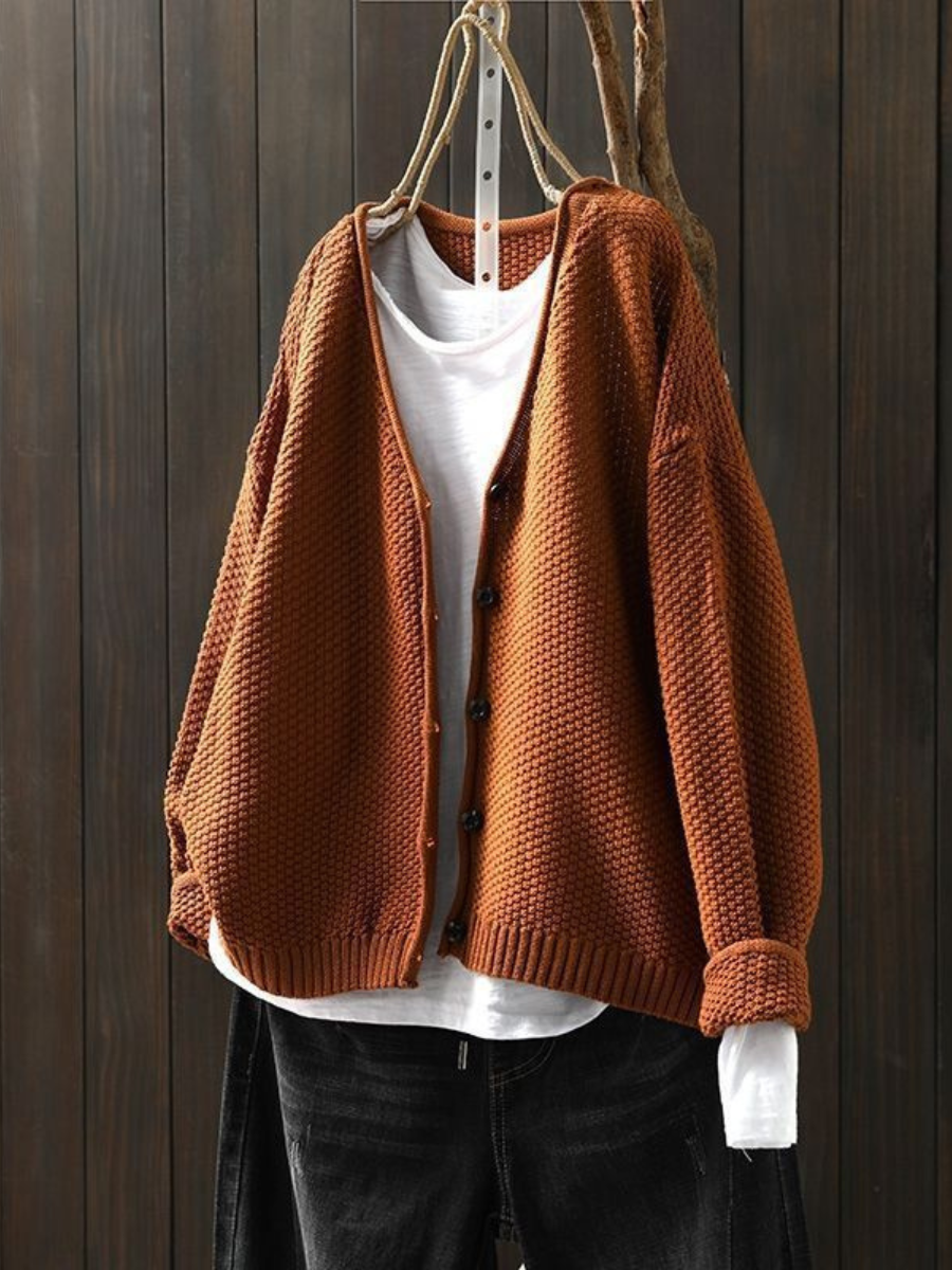 V-Neck Button Front Chunky Knit Long Sleeve Cardigan
