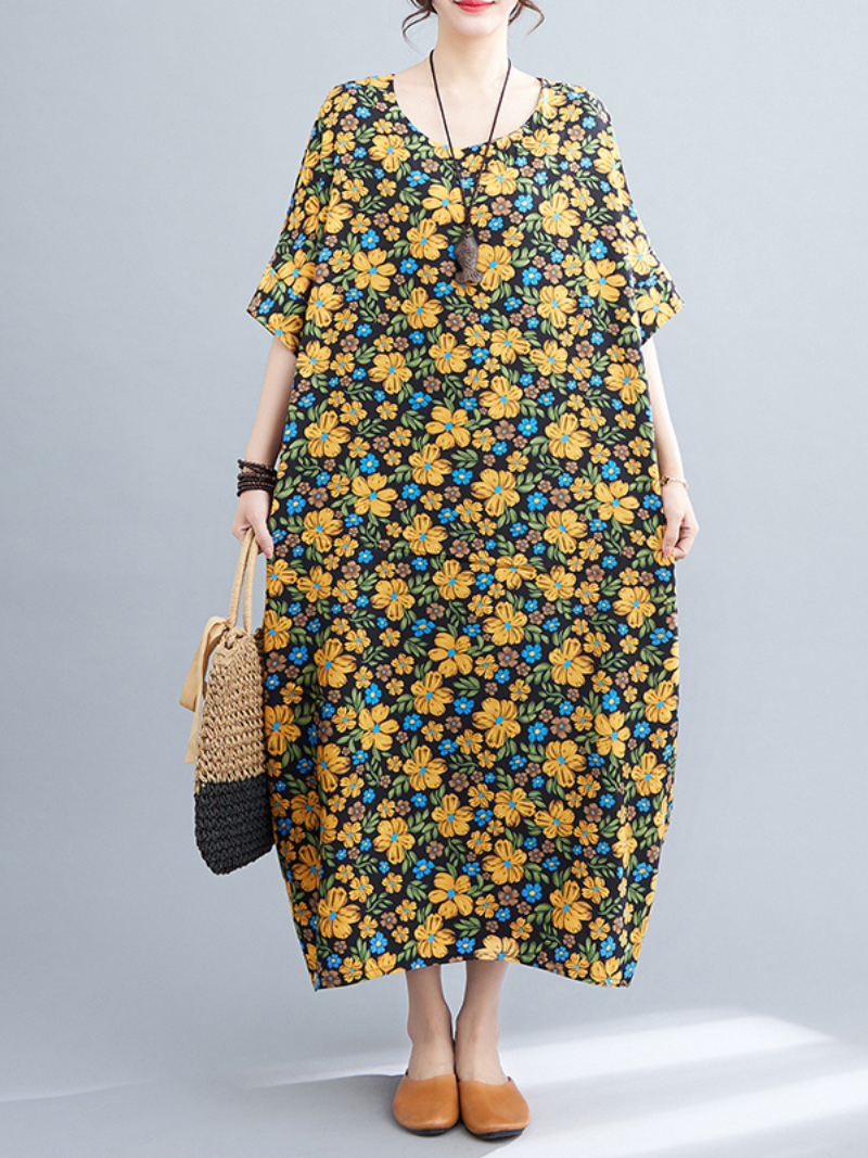 Multi Color Round Neck Floral Print Batwing Sleeve Loose A-Line Maxi Dress 4