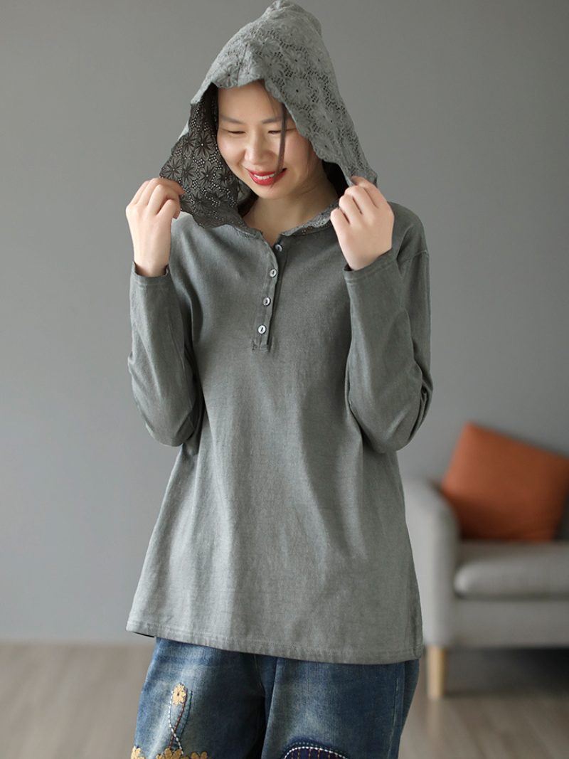 Lace Trim Hooded Button Placket Long Sleeve Loose Pullover Hoodie 2