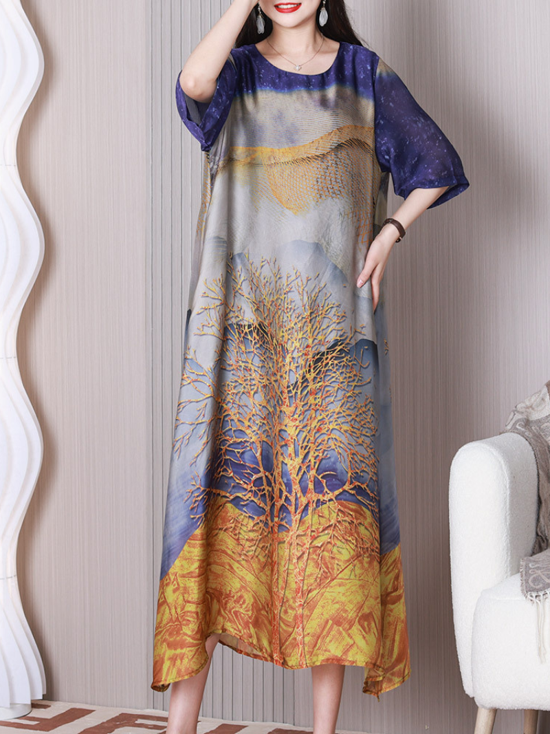Round Neck Tree Print Half Sleeve Loose Silk Maxi Dress