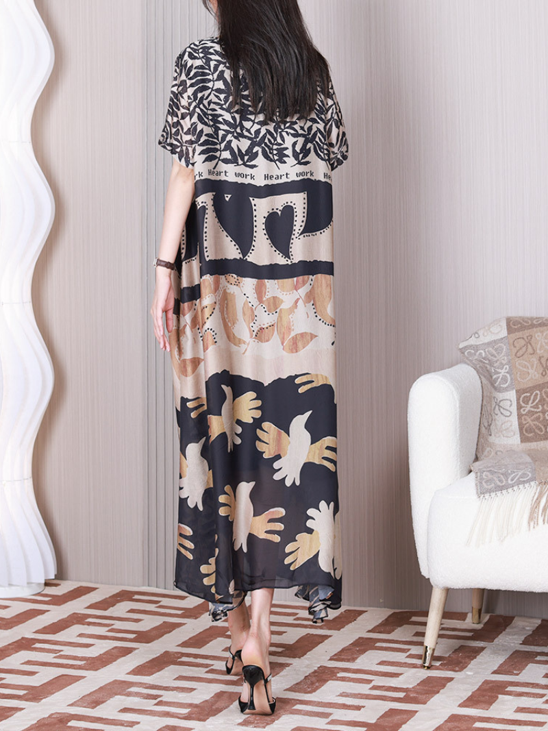 Round Neck Abstract Leaf Print Short Sleeve Loose Maxi Dress 3