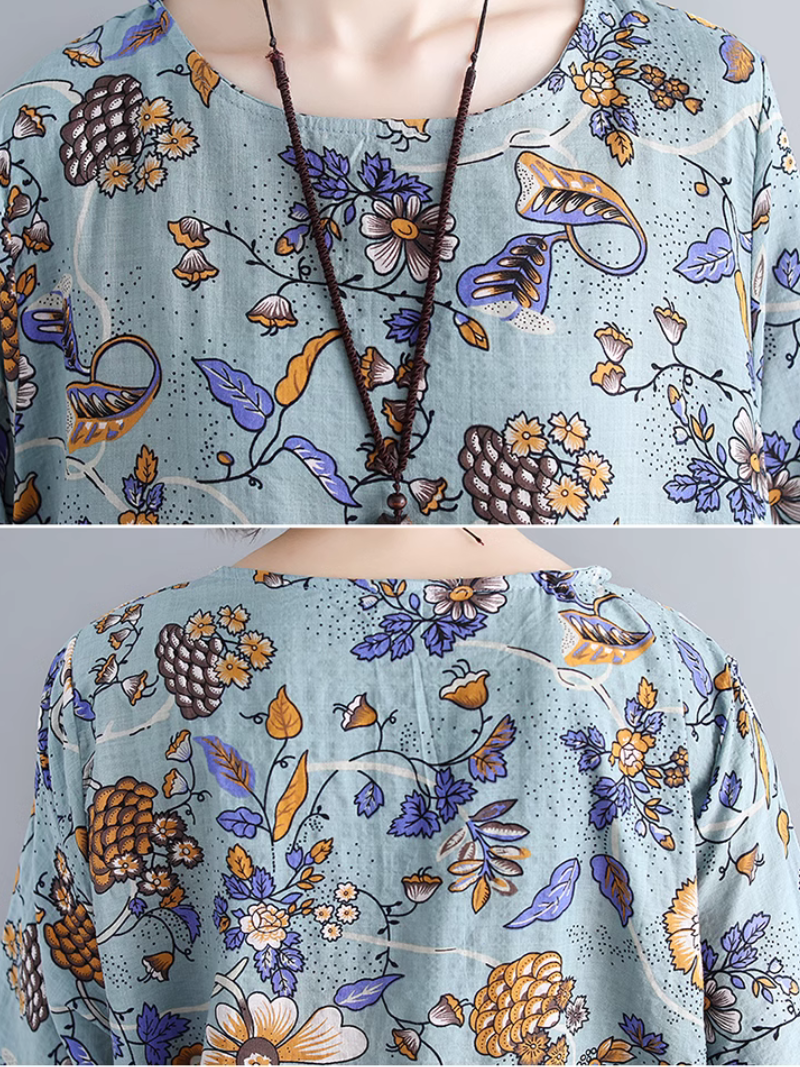 Round Neck Ditsy Floral Short Sleeve Loose Cotton Midi Dress 7