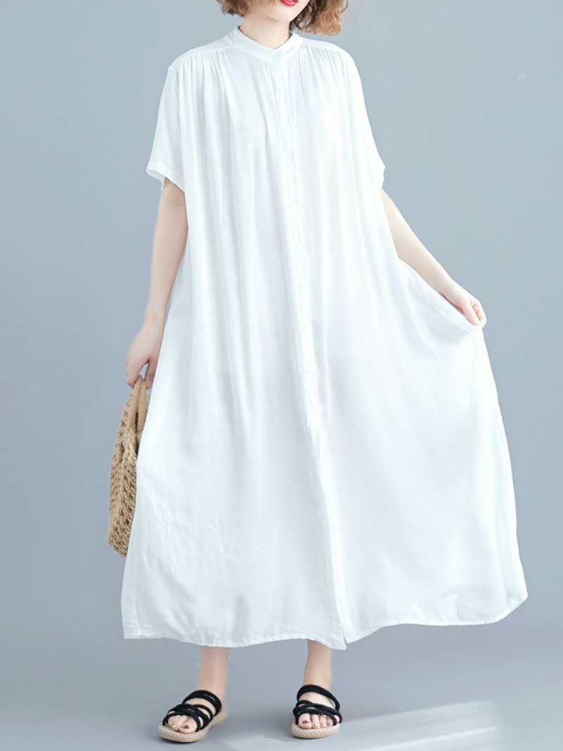 Button Front Short Sleeve Loose Cotton Shirt Maxi Dress 15
