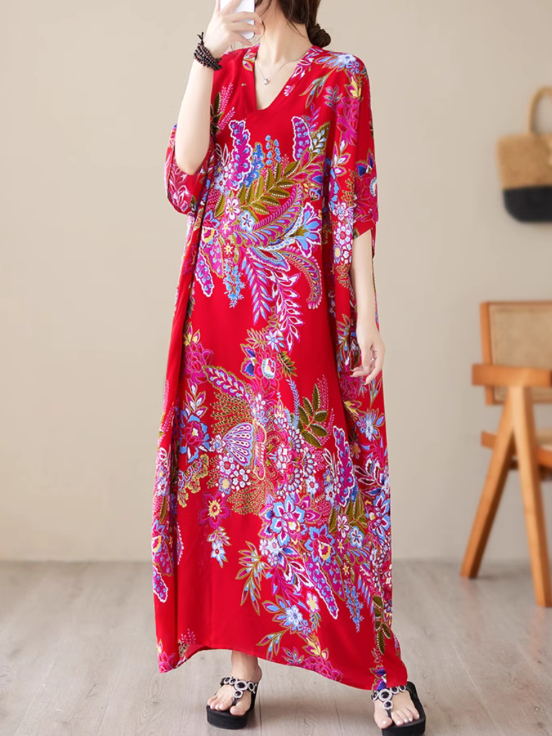 V-Neck Floral Paisley Print Batwing Sleeve Kaftan Maxi Dress 9