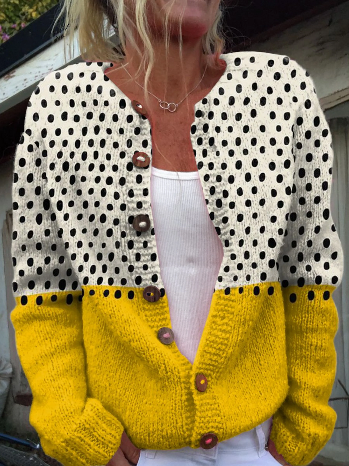 Round Neck Polka Dot Colorblock Knit Button Cardigan Sweater