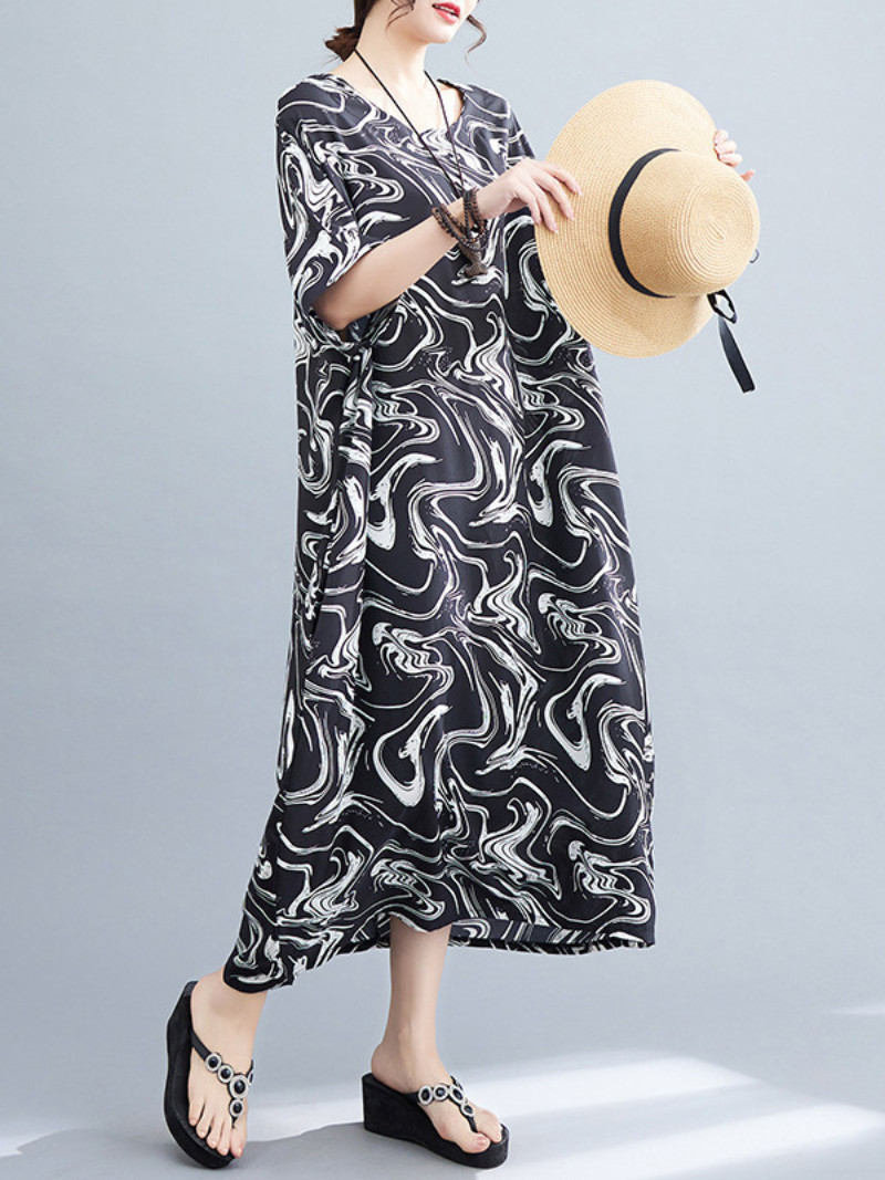 Black Round Neck Abstract Swirl Print Batwing Cocoon Maxi Dress