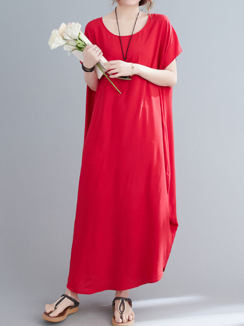 Round Neck Short Sleeve Loose Cocoon Maxi Dress 14