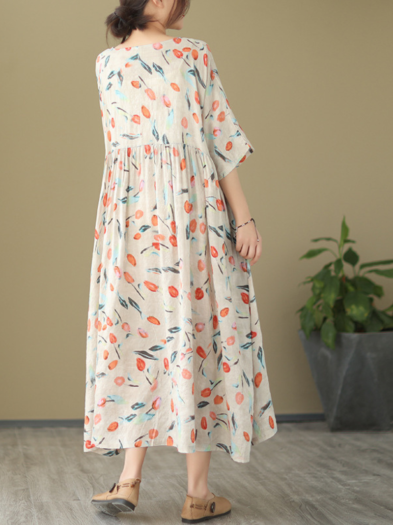 Multi Color Round Neck Floral Print Short Sleeve Pleated Loose Midi Dress 3