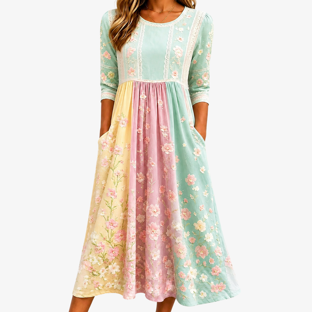 Round Neck Lace Trim Floral Patchwork A-Line Midi Dress