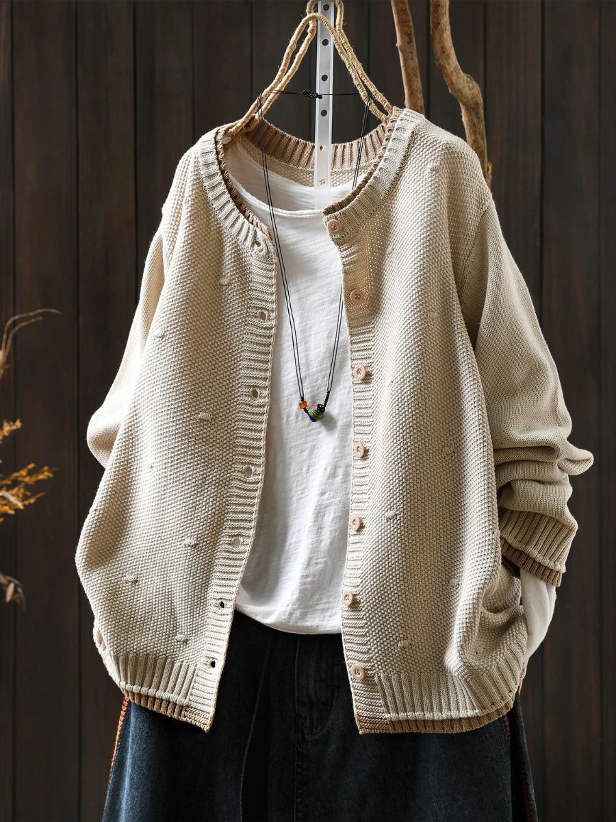 Textured Knit Button-Front Round Neck Long Sleeve Cardigan 4
