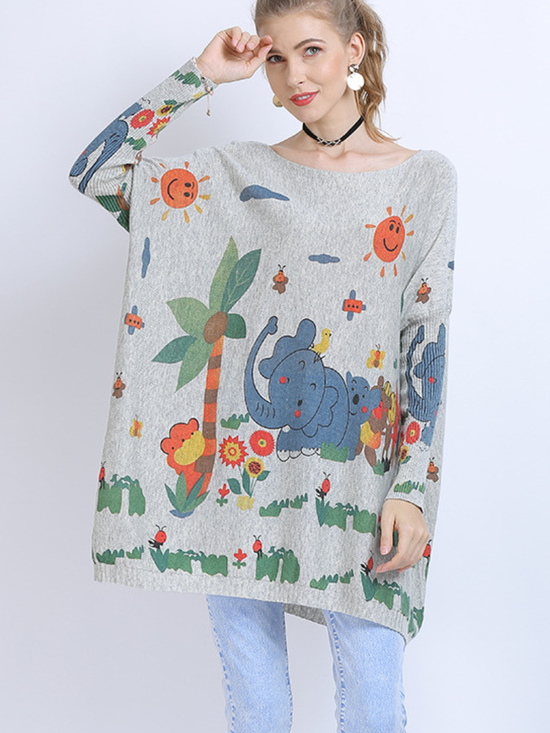 Boat Neck Cartoon Elephant Print Batwing Sleeve Loose Knit Sweater 2