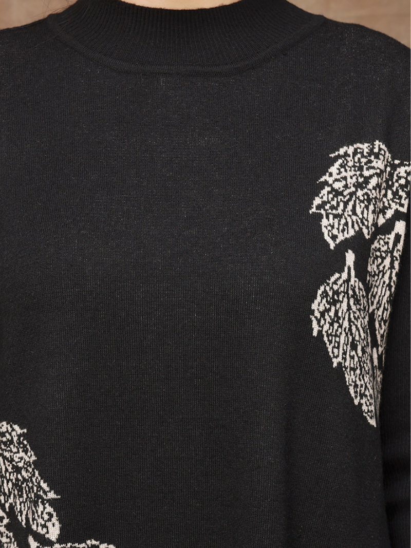 Mock Neck Long Sleeve Leaf Jacquard Knit Lace Hem Midi Dress 2