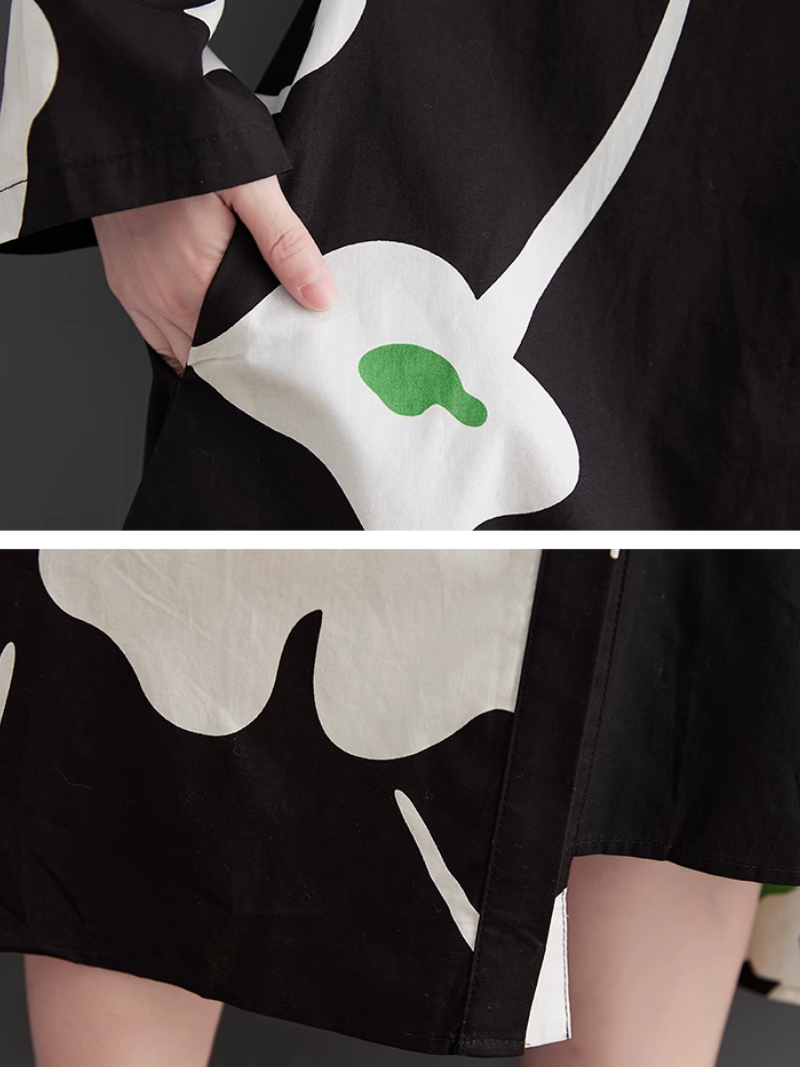 Collared Button Front Floral Print Long Sleeve Shirt Midi Dress