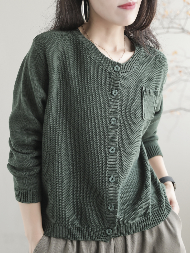 Round Neck Long Sleeve Button Front Patch Pocket Knit Cardigan