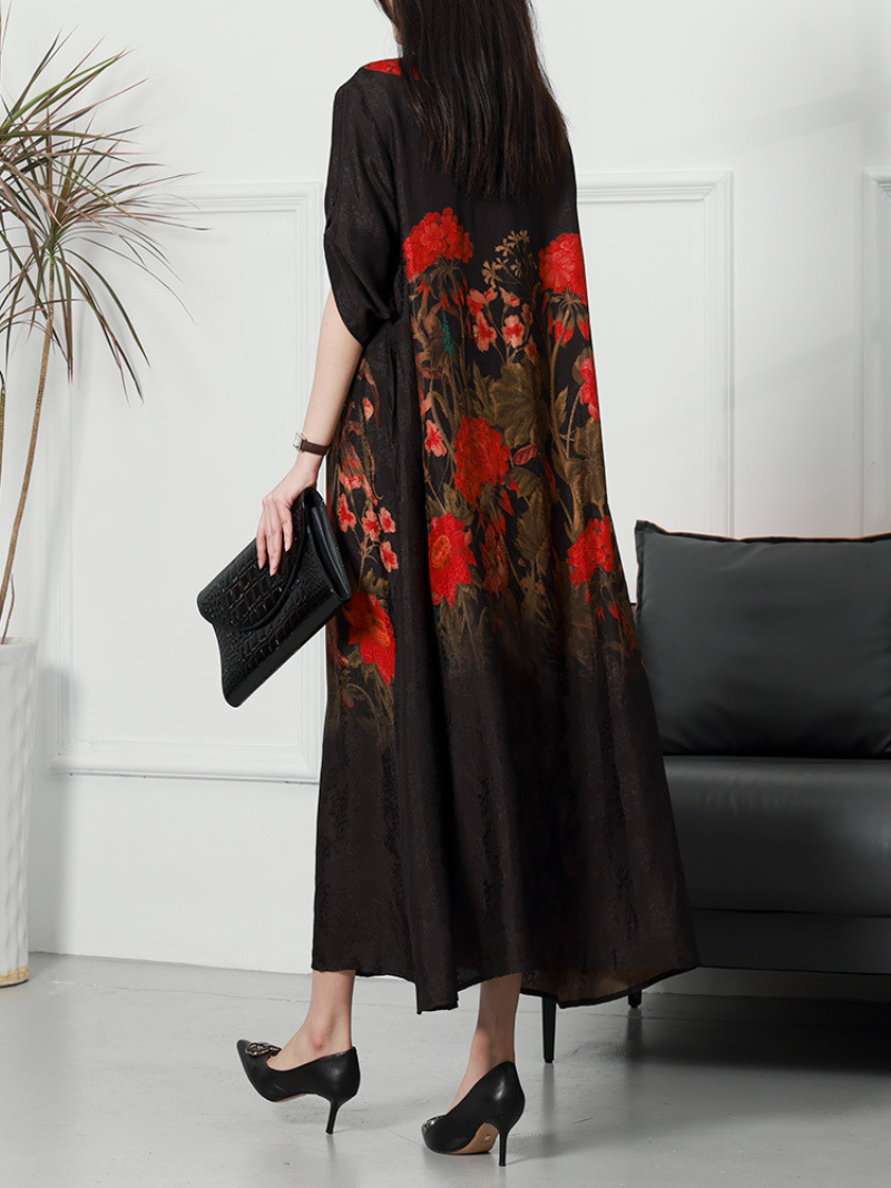 Red Round Neck Floral Print Loose Half Sleeve A-Line Maxi Dress