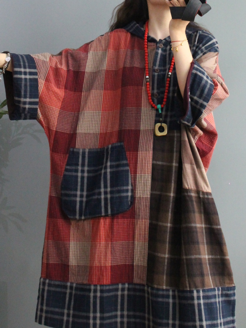 Hooded Long Sleeve Plaid Patchwork Patch Pocket Loose Midi Dress 4