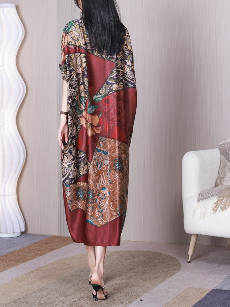 Red V-Neck Floral Print Batwing Sleeve Loose A-Line Midi Dress 5