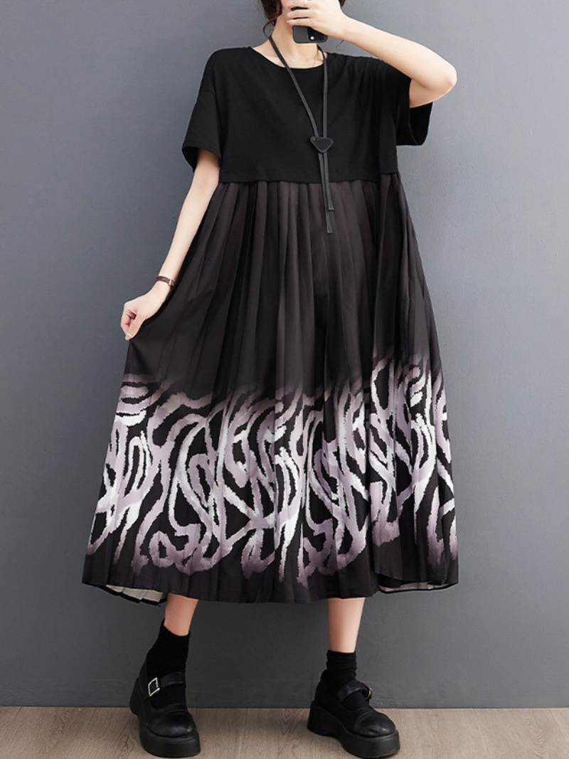 Black Round Neck Short Sleeve Abstract Print Pleated Smock Midi Dress