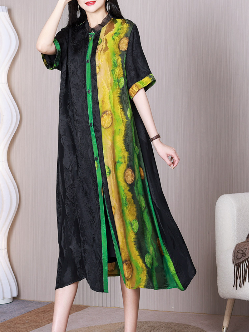 Green Stand Collar Button Front Abstract Print Short Sleeve A-Line Midi Dress 2
