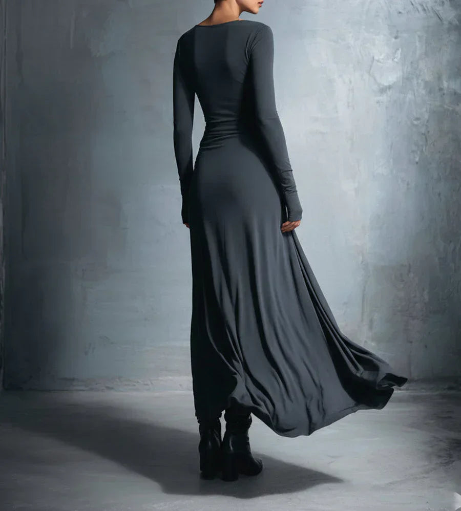 Boat Neck Long Sleeve Side Knot Ruched Draped Bodycon Maxi Dress