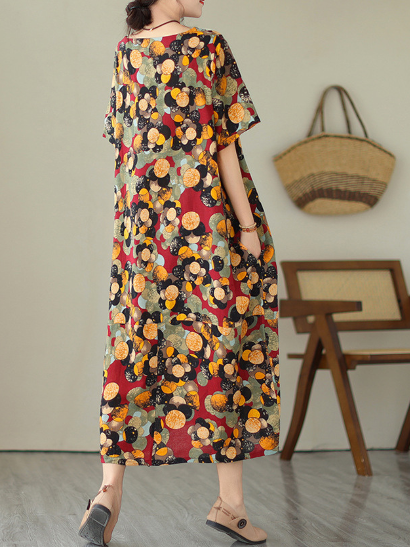 Yellow Round Neck Short Sleeve Floral Dot Print Loose Midi Dress 4