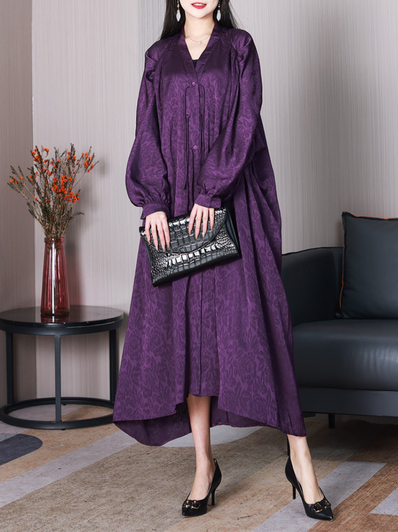 Purple V-Neck Tie Jacquard Long Sleeve Loose A-Line Midi Dress 3